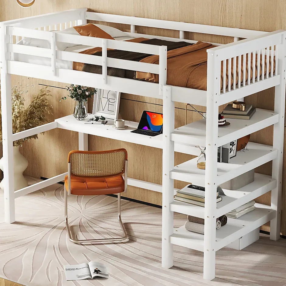 Generique Lit Mezzanine 90 x 200 cm - Lit enfant avec Bureau et Rangements - Pin + MDF - Sans Matelas - Blanc Outlet