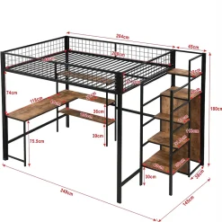 Okwish Lit Mezzanine 140 x 200 cm - Lit avec Bureau et Étagères - Métal + MDF - Sans Matelas - Noir New