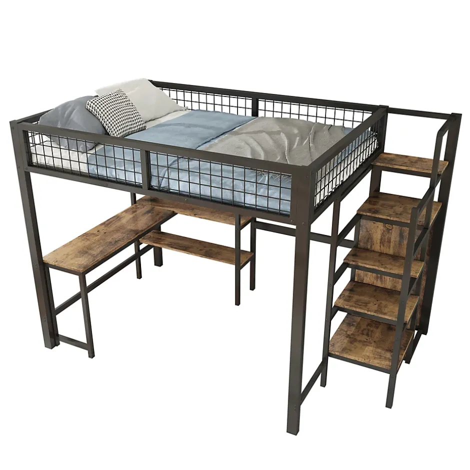 Okwish Lit Mezzanine 140 x 200 cm - Lit avec Bureau et Étagères - Métal + MDF - Sans Matelas - Noir New