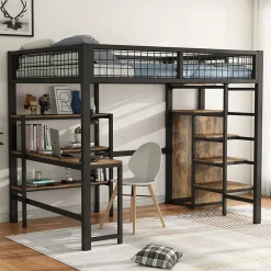 Okwish Lit Mezzanine 140 x 200 cm - Lit avec Bureau et Étagères - Métal + MDF - Sans Matelas - Noir New