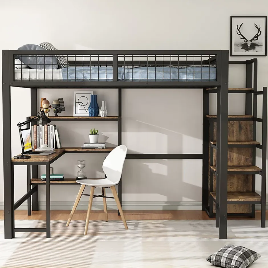 Okwish Lit Mezzanine 140 x 200 cm - Lit avec Bureau et Étagères - Métal + MDF - Sans Matelas - Noir New
