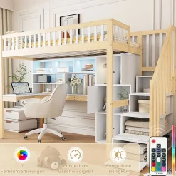 Okwish Lit Mezzanine 90 x 200 cm - Lit Simple avec Bureau, Placard et Étagères, LED Intégrée - Bois Blanc+Nature Online