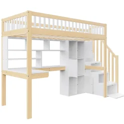 Okwish Lit Mezzanine 90 x 200 cm - Lit Simple avec Bureau, Placard et Étagères, LED Intégrée - Bois Blanc+Nature Online