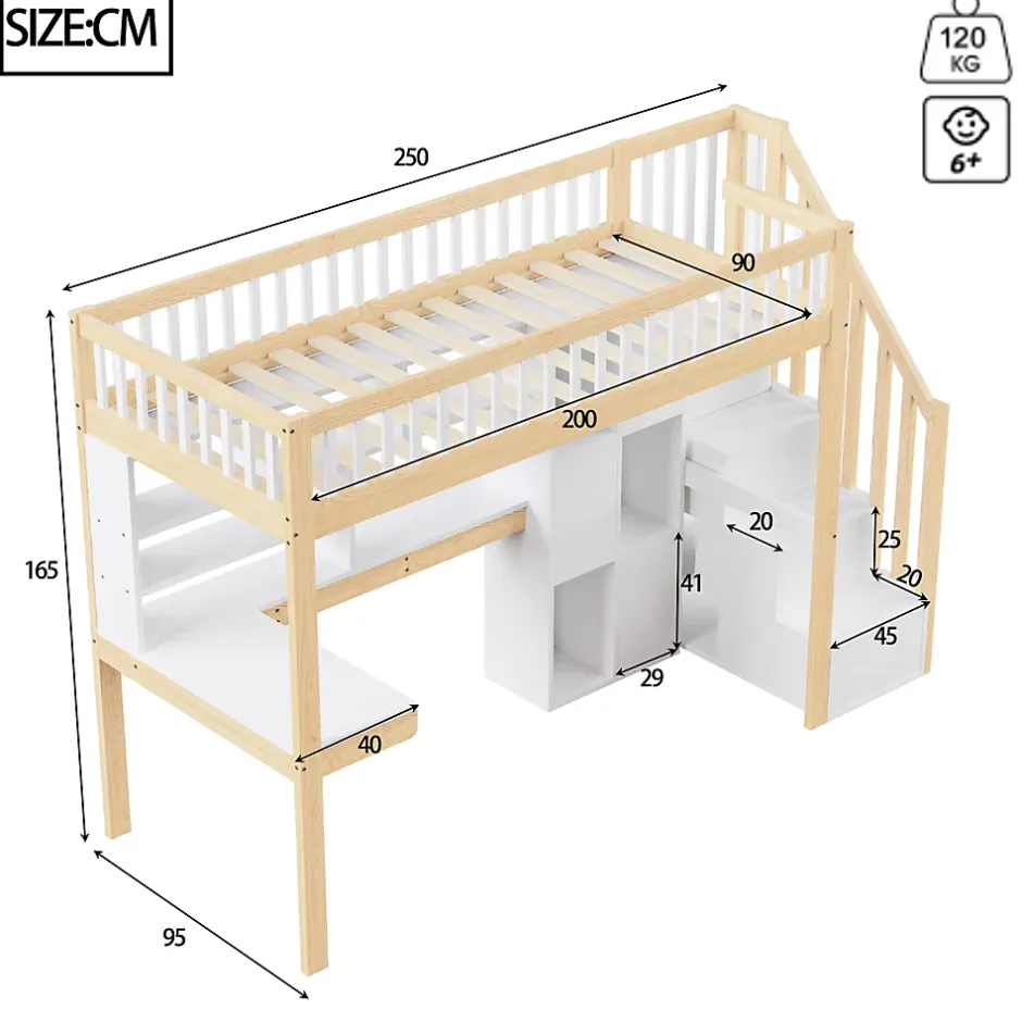 Okwish Lit Mezzanine 90 x 200 cm - Lit Simple avec Bureau, Placard et Étagères, LED Intégrée - Bois Blanc+Nature Online