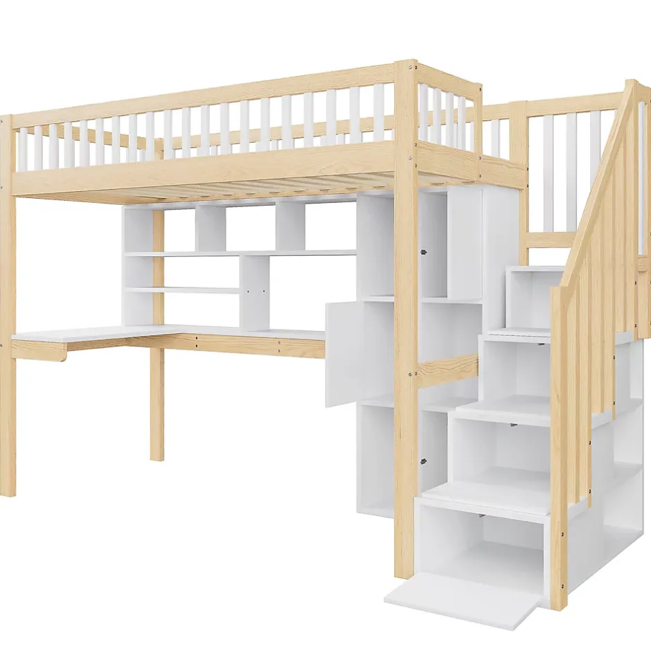 Okwish Lit Mezzanine 90 x 200 cm - Lit Simple avec Bureau, Placard et Étagères, LED Intégrée - Bois Blanc+Nature Online