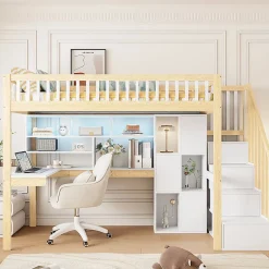 Okwish Lit Mezzanine 90 x 200 cm - Lit Simple avec Bureau, Placard et Étagères, LED Intégrée - Bois Blanc+Nature Online