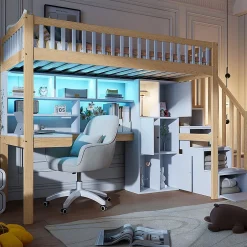 Okwish Lit Mezzanine 90 x 200 cm - Lit Simple avec Bureau, Placard et Étagères, LED Intégrée - Bois Blanc+Nature Online