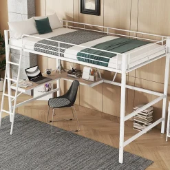 Generique Lit Mezzanine 90 x 200 cm - Lit avec Bureau en L et Étagère - Métal + MDF - Sans Matelas - Blanc Sale
