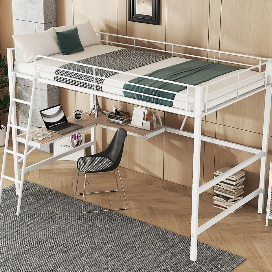 Generique Lit Mezzanine 90 x 200 cm - Lit avec Bureau en L et Étagère - Métal + MDF - Sans Matelas - Blanc Sale