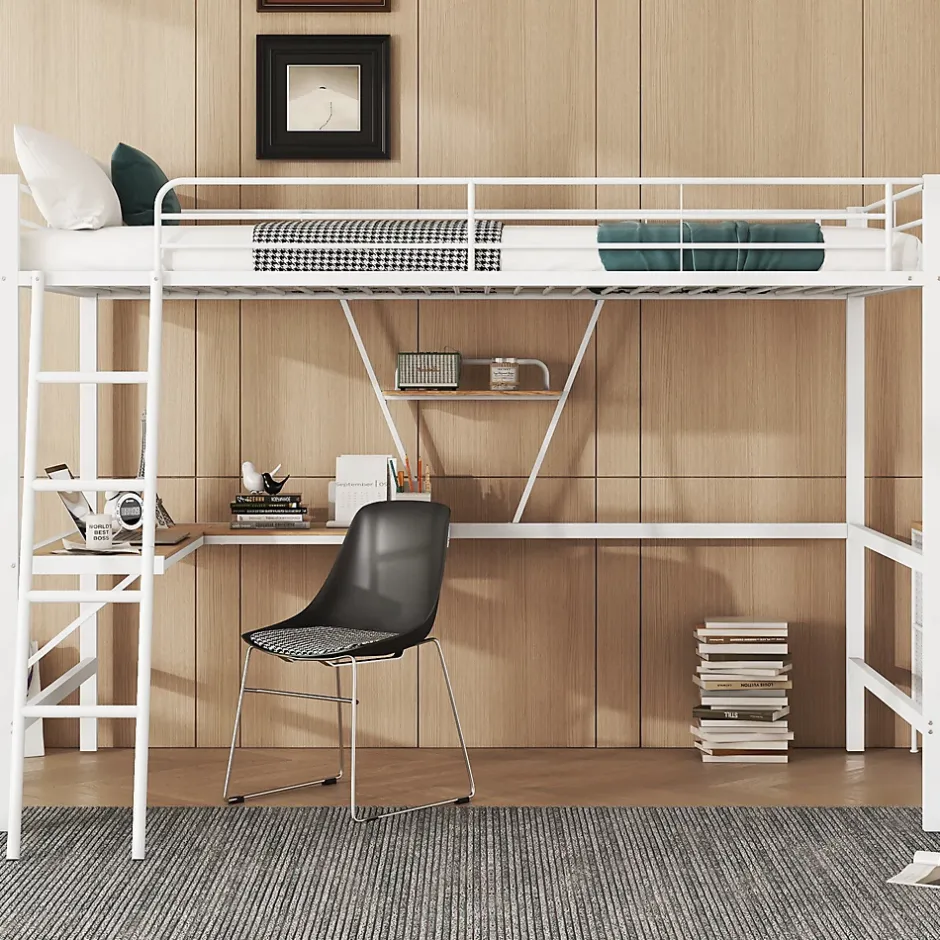 Generique Lit Mezzanine 90 x 200 cm - Lit avec Bureau en L et Étagère - Métal + MDF - Sans Matelas - Blanc Sale