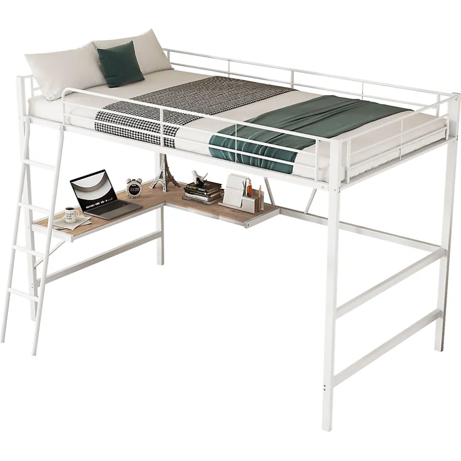 Generique Lit Mezzanine 90 x 200 cm - Lit avec Bureau en L et Étagère - Métal + MDF - Sans Matelas - Blanc Sale
