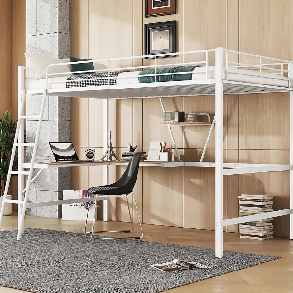 Generique Lit Mezzanine 90 x 200 cm - Lit avec Bureau en L et Étagère - Métal + MDF - Sans Matelas - Blanc Sale