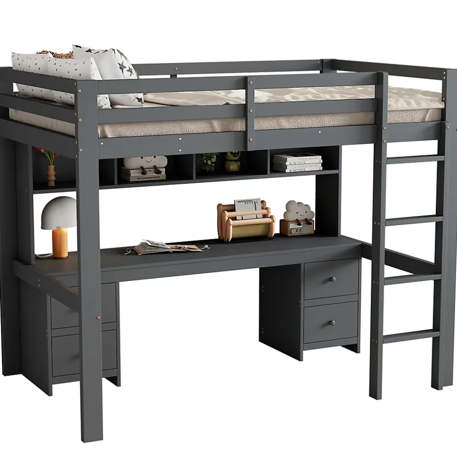Okwish Lit mezzanine 90 x 200 cm - Lit Simple avec Escalier à Rampe Haute - Pin + MDF - Sans Matelas - Gris Outlet
