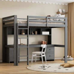Okwish Lit mezzanine 90 x 200 cm - Lit Simple avec Escalier à Rampe Haute - Pin + MDF - Sans Matelas - Gris Outlet