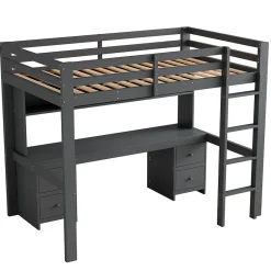 Okwish Lit mezzanine 90 x 200 cm - Lit Simple avec Escalier à Rampe Haute - Pin + MDF - Sans Matelas - Gris Outlet