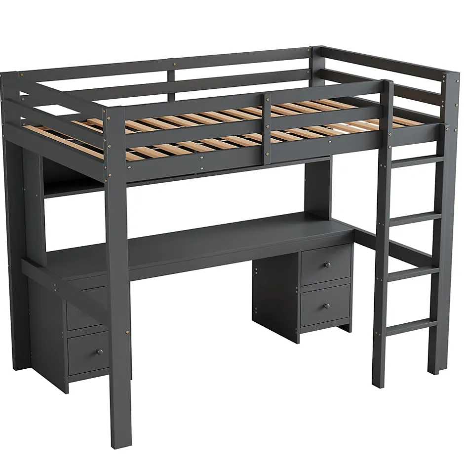 Okwish Lit mezzanine 90 x 200 cm - Lit Simple avec Escalier à Rampe Haute - Pin + MDF - Sans Matelas - Gris Outlet
