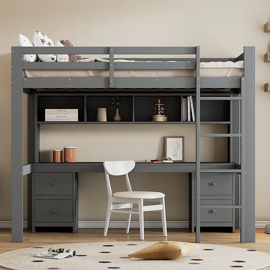 Okwish Lit mezzanine 90 x 200 cm - Lit Simple avec Escalier à Rampe Haute - Pin + MDF - Sans Matelas - Gris Outlet