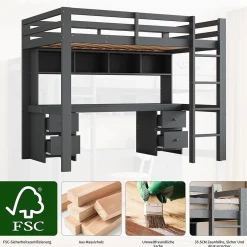 Okwish Lit mezzanine 90 x 200 cm - Lit Simple avec Escalier à Rampe Haute - Pin + MDF - Sans Matelas - Gris Outlet