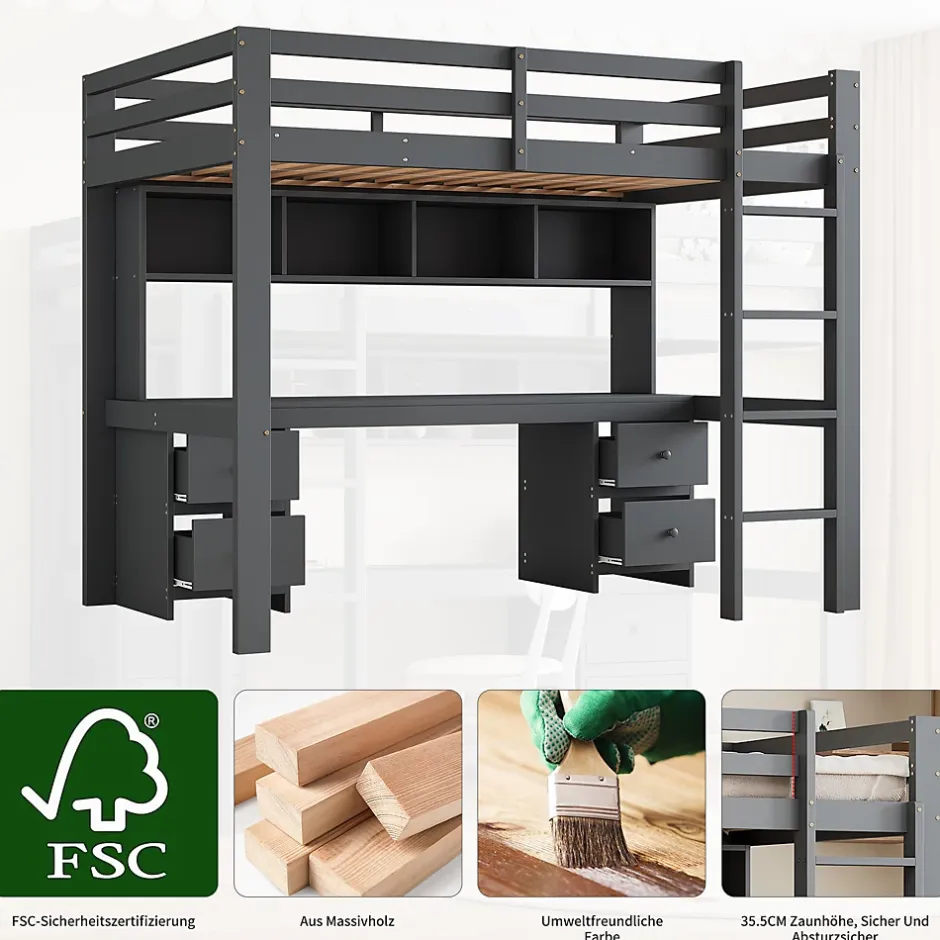 Okwish Lit mezzanine 90 x 200 cm - Lit Simple avec Escalier à Rampe Haute - Pin + MDF - Sans Matelas - Gris Outlet