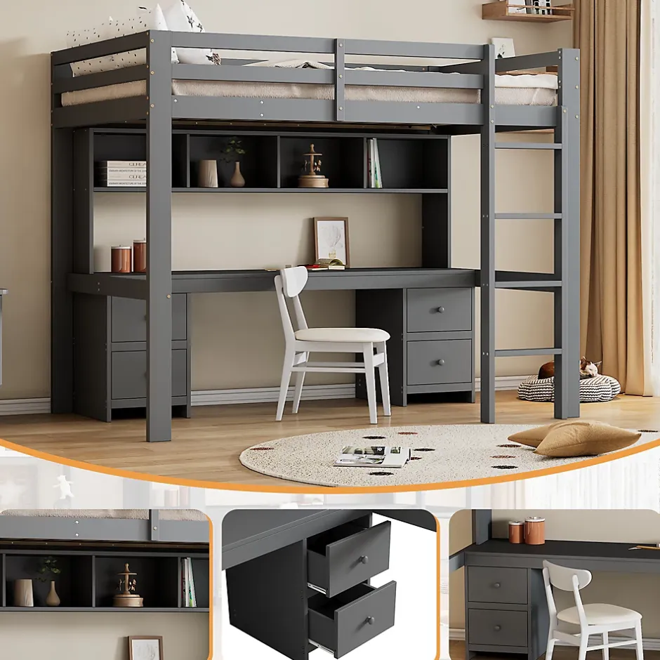 Okwish Lit mezzanine 90 x 200 cm - Lit Simple avec Escalier à Rampe Haute - Pin + MDF - Sans Matelas - Gris Outlet