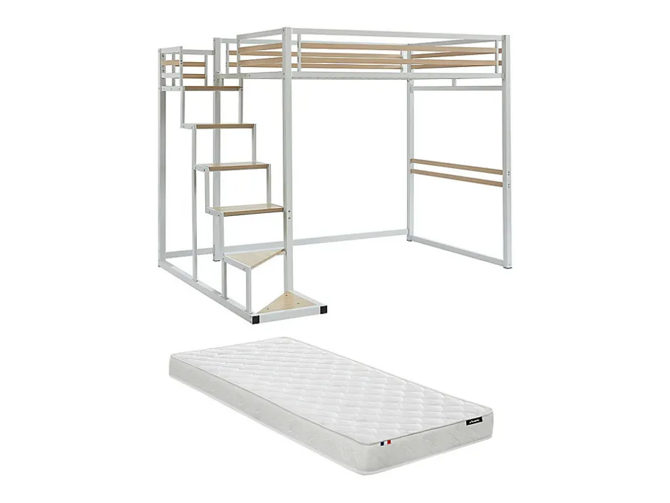 Vente-unique Lit mezzanine 140 x 200 cm - Métal et MDF - Blanc + Matelas - JOGUI
