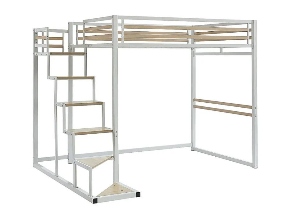 Vente-unique Lit mezzanine 140 x 200 cm - Métal et MDF - Blanc + Matelas - JOGUI