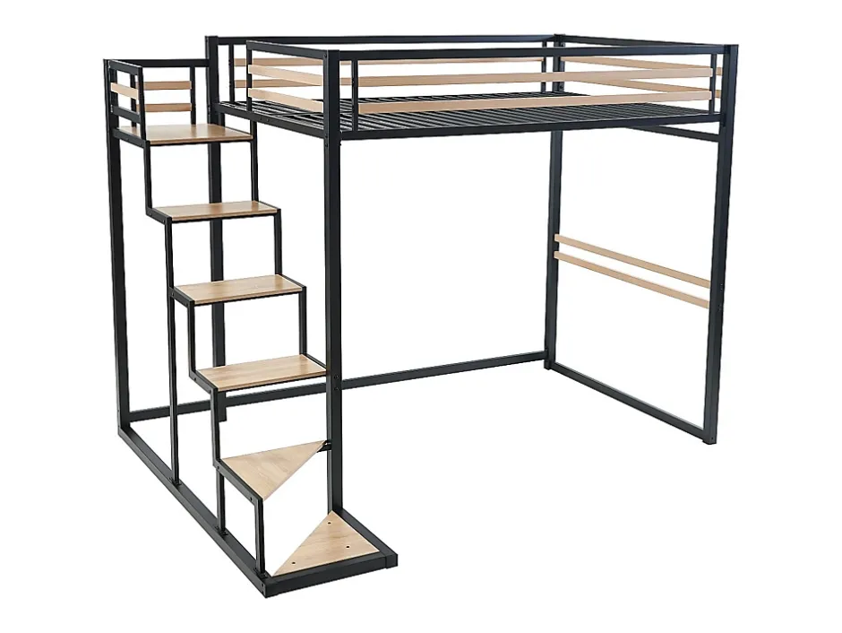 Vente-unique Lit mezzanine 140 x 200 cm - Métal et MDF - Noir et naturel - JOGUI Discount