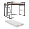 Vente-unique Lit mezzanine 140 x 200 cm - Métal et MDF - Noir et naturel + Matelas - JOGUI