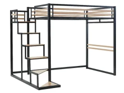 Vente-unique Lit mezzanine 140 x 200 cm - Métal et MDF - Noir et naturel + Matelas - JOGUI
