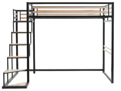 Vente-unique Lit mezzanine 140 x 200 cm - Métal et MDF - Noir et naturel + Matelas - JOGUI