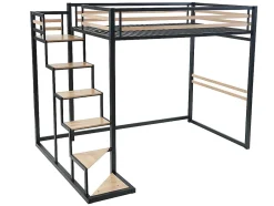 Vente-unique Lit mezzanine 140 x 200 cm - Métal et MDF - Noir et naturel + Matelas - JOGUI