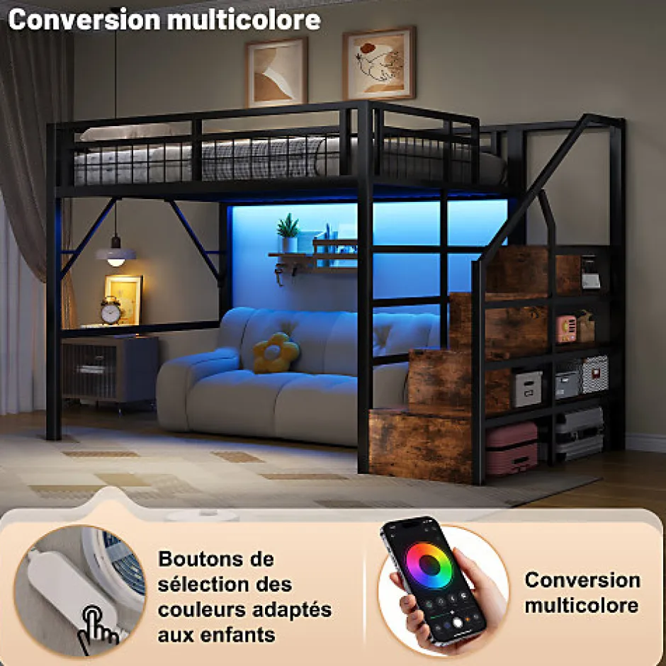 ModernLuxe Lit mezzanine 140 x 200 cm - Structure en fer - Éclairage LED - Escalier - Noir (matelas non inclus)
