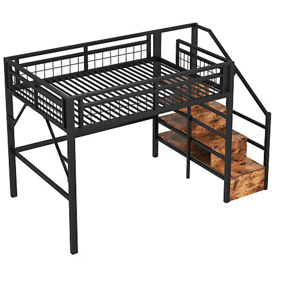 ModernLuxe Lit mezzanine 140 x 200 cm - Structure en fer - Éclairage LED - Escalier - Noir (matelas non inclus)