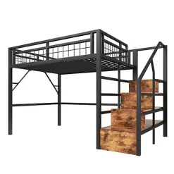 ModernLuxe Lit mezzanine 140 x 200 cm - Structure en fer - Éclairage LED - Escalier - Noir (matelas non inclus)
