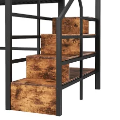 ModernLuxe Lit mezzanine 140 x 200 cm - Structure en fer - Éclairage LED - Escalier - Noir (matelas non inclus)