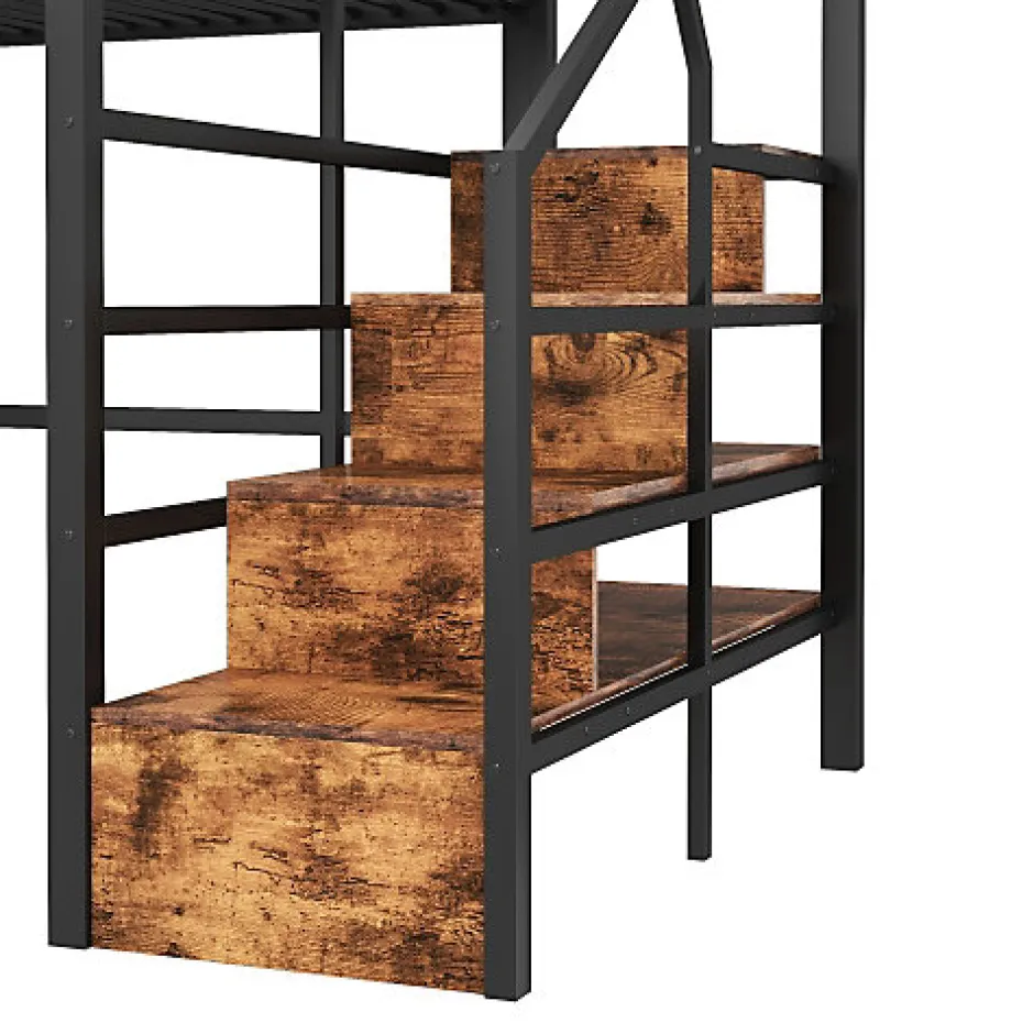 ModernLuxe Lit mezzanine 140 x 200 cm - Structure en fer - Éclairage LED - Escalier - Noir (matelas non inclus)