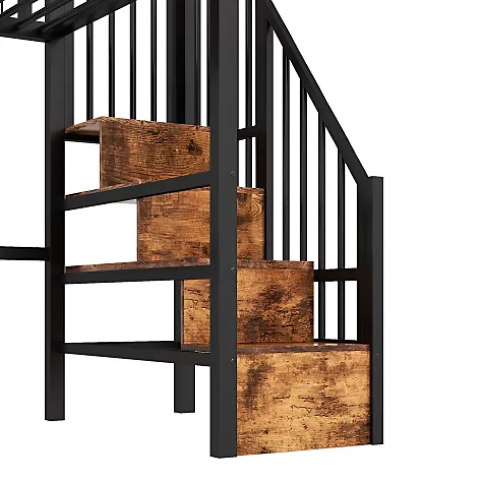 ModernLuxe Lit mezzanine 90 x 200 cm - Structure en fer - Éclairage LED - Escalier - Noir (matelas non inclus) New