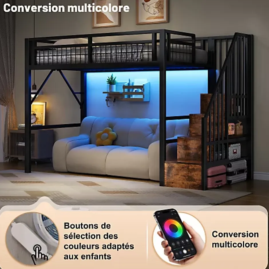 ModernLuxe Lit mezzanine 90 x 200 cm - Structure en fer - Éclairage LED - Escalier - Noir (matelas non inclus) New