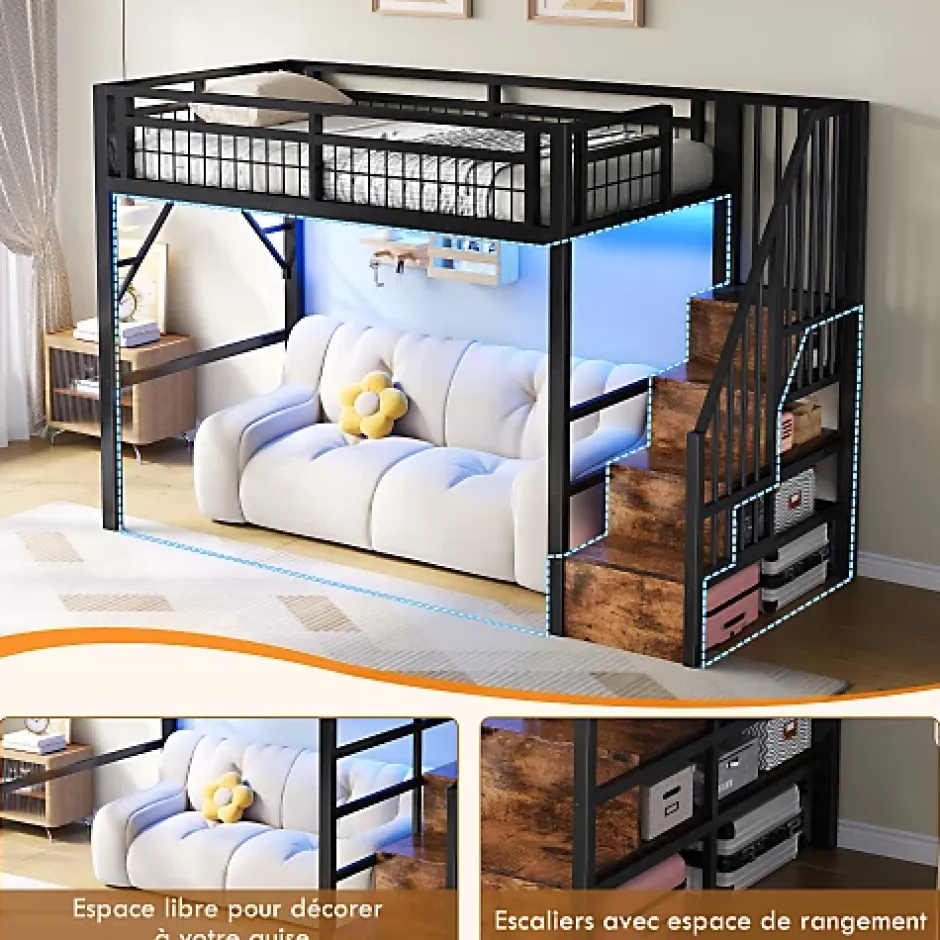 ModernLuxe Lit mezzanine 90 x 200 cm - Structure en fer - Éclairage LED - Escalier - Noir (matelas non inclus) New