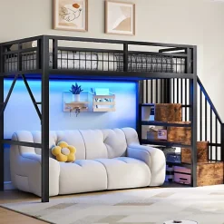 ModernLuxe Lit mezzanine 90 x 200 cm - Structure en fer - Éclairage LED - Escalier - Noir (matelas non inclus) New