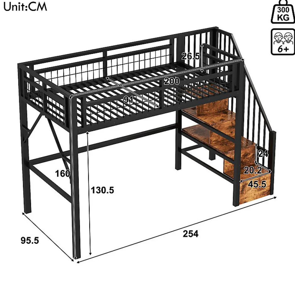 ModernLuxe Lit mezzanine 90 x 200 cm - Structure en fer - Éclairage LED - Escalier - Noir (matelas non inclus) New
