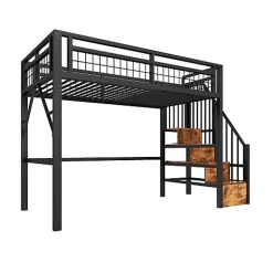 ModernLuxe Lit mezzanine 90 x 200 cm - Structure en fer - Éclairage LED - Escalier - Noir (matelas non inclus) New