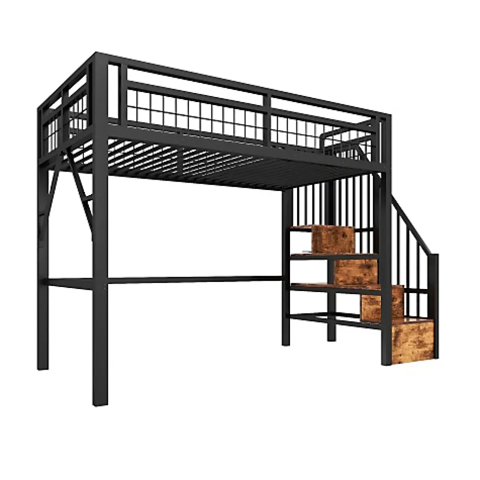 ModernLuxe Lit mezzanine 90 x 200 cm - Structure en fer - Éclairage LED - Escalier - Noir (matelas non inclus) New