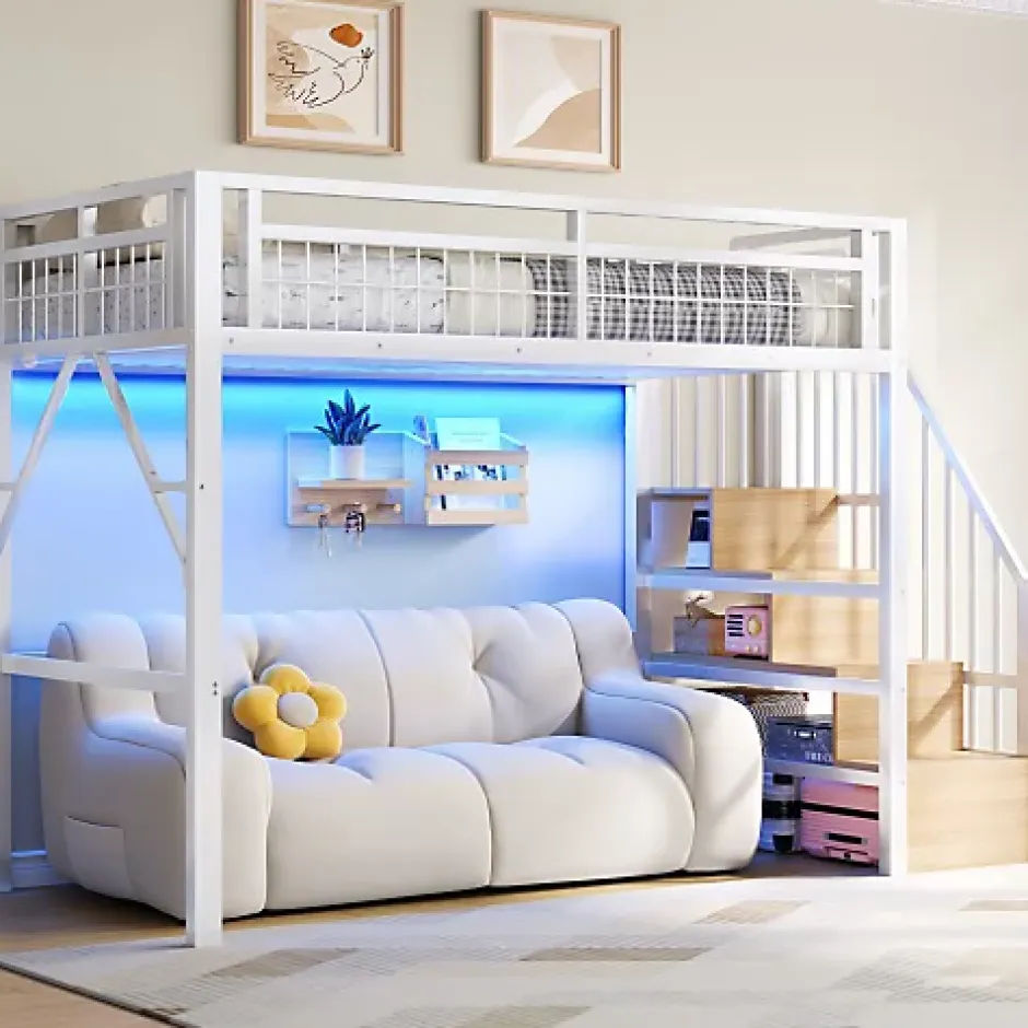 ModernLuxe Lit mezzanine 90 x 200 cm - Structure en fer - Éclairage LED - Escalier - Blanc (matelas non inclus) New