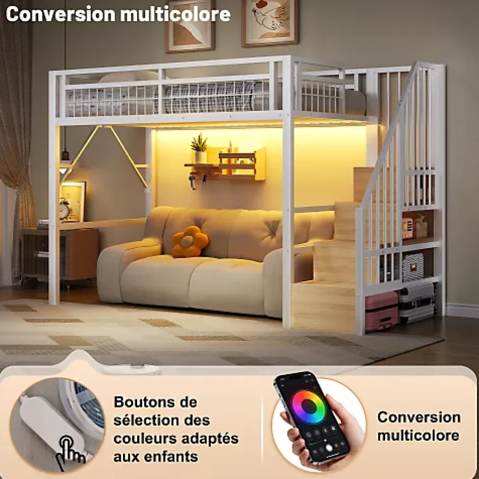 ModernLuxe Lit mezzanine 90 x 200 cm - Structure en fer - Éclairage LED - Escalier - Blanc (matelas non inclus) New