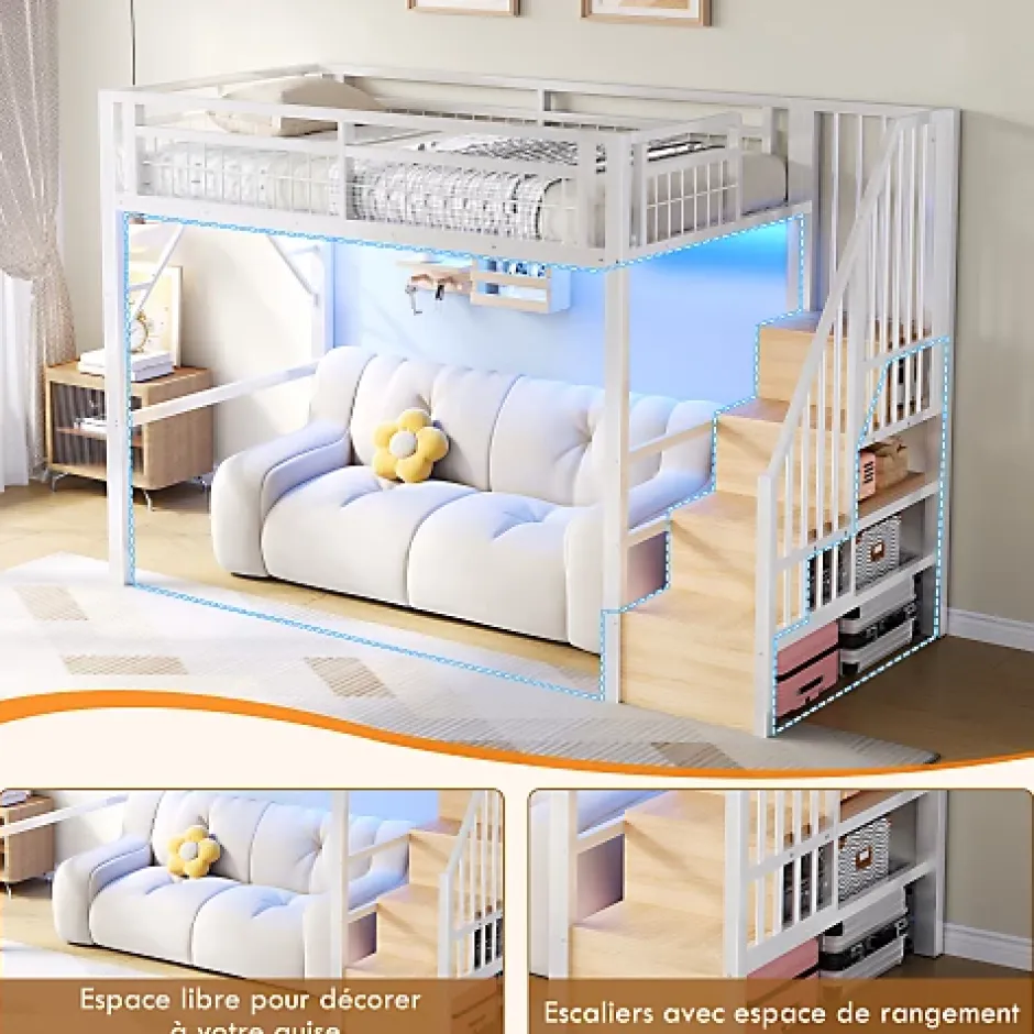 ModernLuxe Lit mezzanine 90 x 200 cm - Structure en fer - Éclairage LED - Escalier - Blanc (matelas non inclus) New