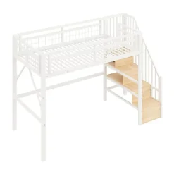 ModernLuxe Lit mezzanine 90 x 200 cm - Structure en fer - Éclairage LED - Escalier - Blanc (matelas non inclus) New