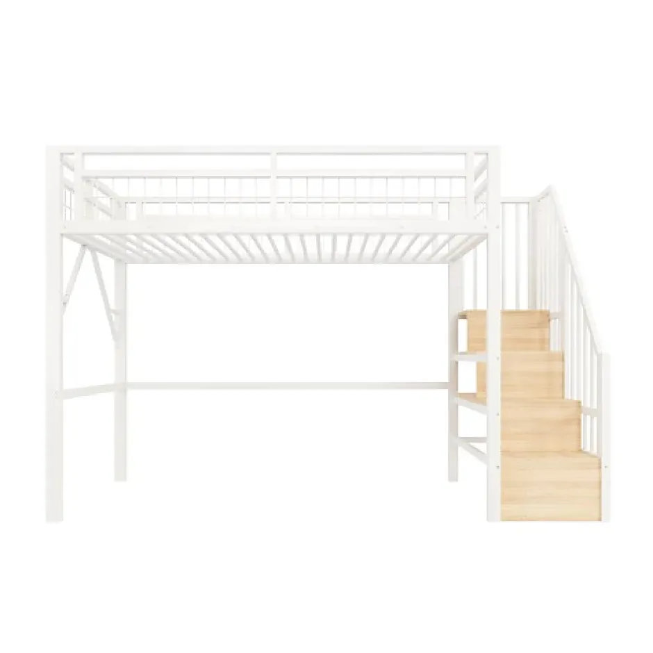 ModernLuxe Lit mezzanine 90 x 200 cm - Structure en fer - Éclairage LED - Escalier - Blanc (matelas non inclus) New