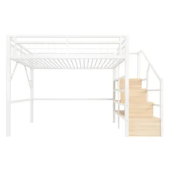 ModernLuxe Lit mezzanine 140 x 200 cm - Structure en fer - Éclairage LED - Escalier - Blanc (matelas non inclus) Hot