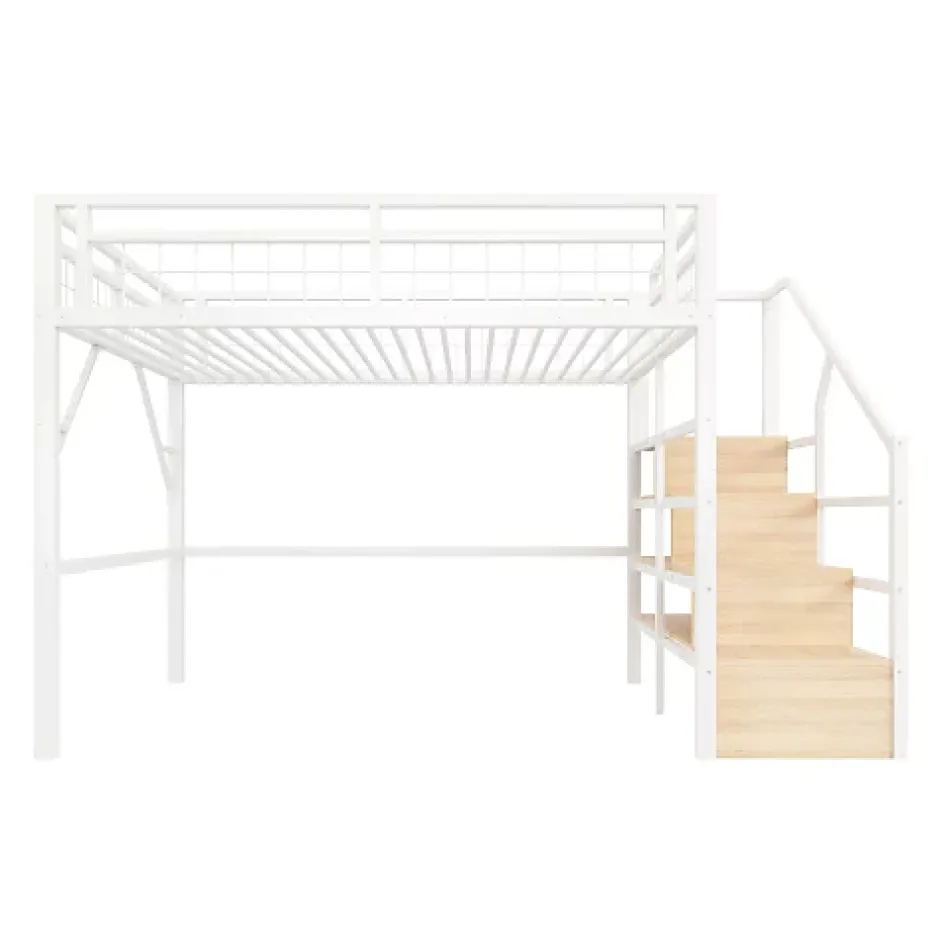 ModernLuxe Lit mezzanine 140 x 200 cm - Structure en fer - Éclairage LED - Escalier - Blanc (matelas non inclus) Hot
